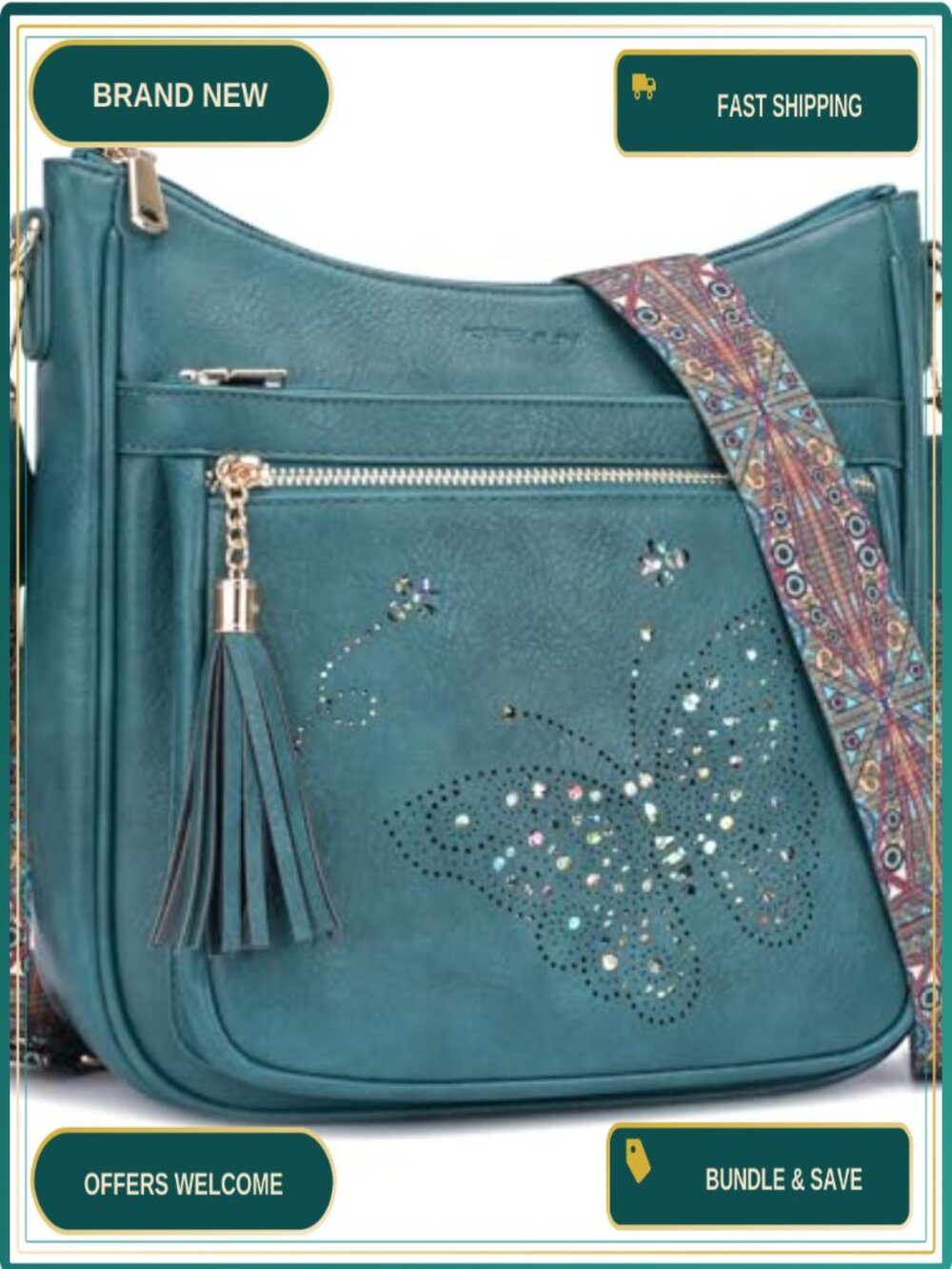 Medium Crossbody Bag Vegan PU Leather Butterfly Tassel Shoulder Purse